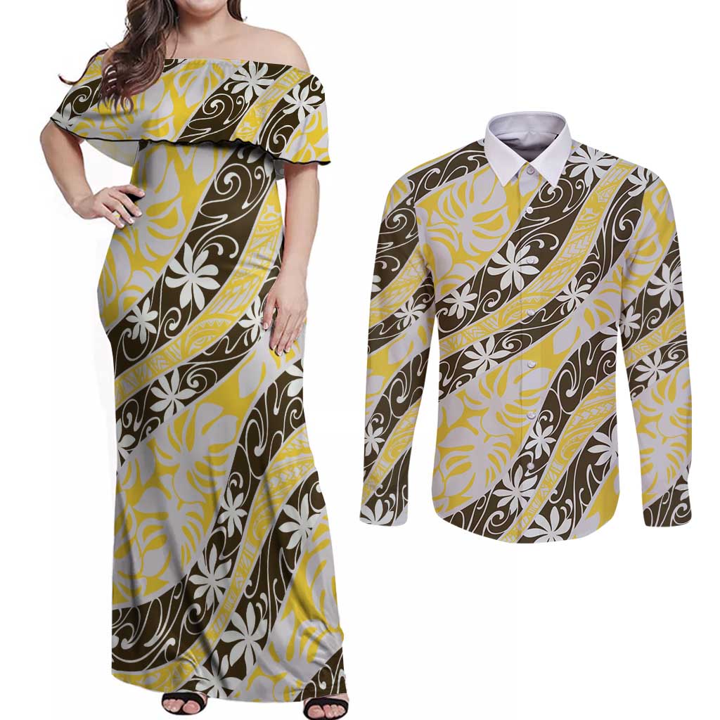 Rearea Tahiti Tiare Monstera Couples Matching Off Shoulder Maxi Dress and Long Sleeve Button Shirt Polynesian Pattern Curve Style - Polynesian Pride