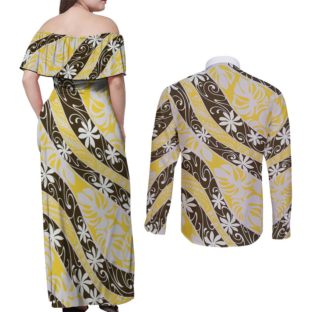 Rearea Tahiti Tiare Monstera Couples Matching Off Shoulder Maxi Dress and Long Sleeve Button Shirt Polynesian Pattern Curve Style - Polynesian Pride