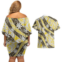 Rearea Tahiti Tiare Monstera Couples Matching Off Shoulder Short Dress and Hawaiian Shirt Polynesian Pattern Curve Style - Polynesian Pride
