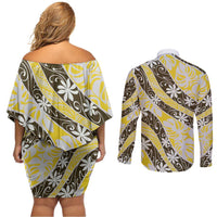 Rearea Tahiti Tiare Monstera Couples Matching Off Shoulder Short Dress and Long Sleeve Button Shirt Polynesian Pattern Curve Style - Polynesian Pride