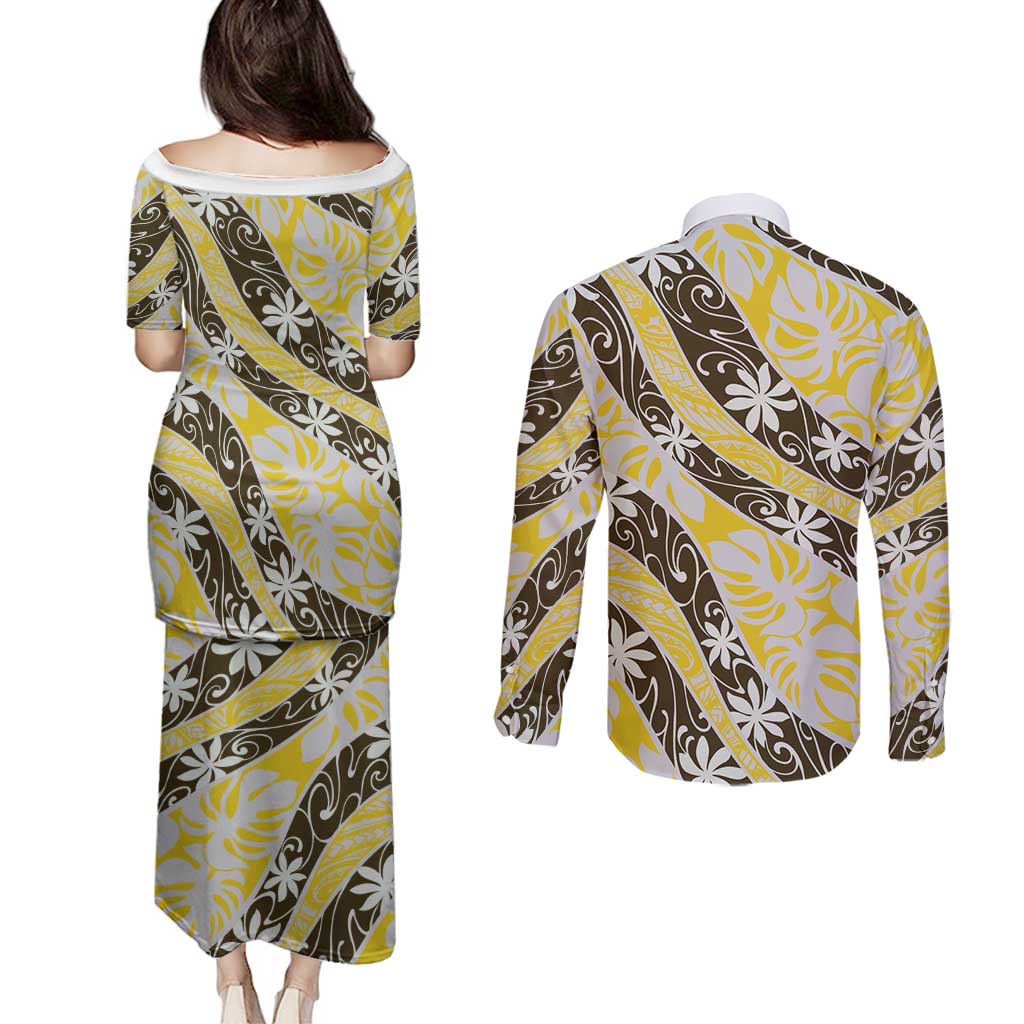 Rearea Tahiti Tiare Monstera Couples Matching Puletasi and Long Sleeve Button Shirt Polynesian Pattern Curve Style - Polynesian Pride