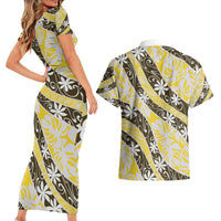 Rearea Tahiti Tiare Monstera Couples Matching Short Sleeve Bodycon Dress and Hawaiian Shirt Polynesian Pattern Curve Style - Polynesian Pride