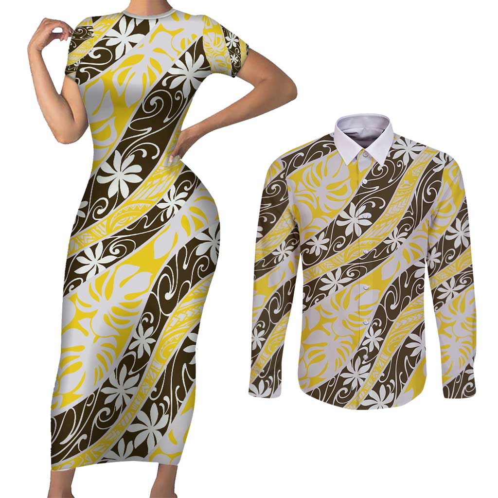 Rearea Tahiti Tiare Monstera Couples Matching Short Sleeve Bodycon Dress and Long Sleeve Button Shirt Polynesian Pattern Curve Style - Polynesian Pride