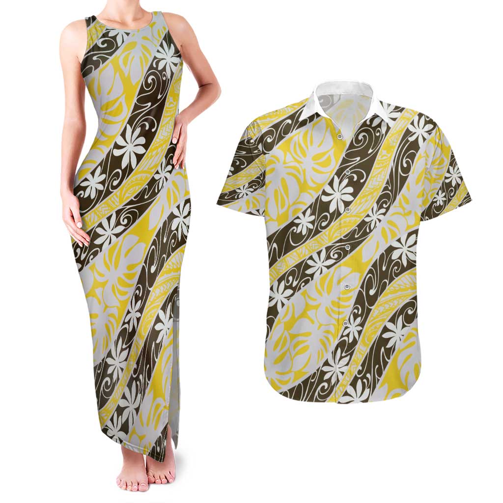Rearea Tahiti Tiare Monstera Couples Matching Tank Maxi Dress and Hawaiian Shirt Polynesian Pattern Curve Style - Polynesian Pride