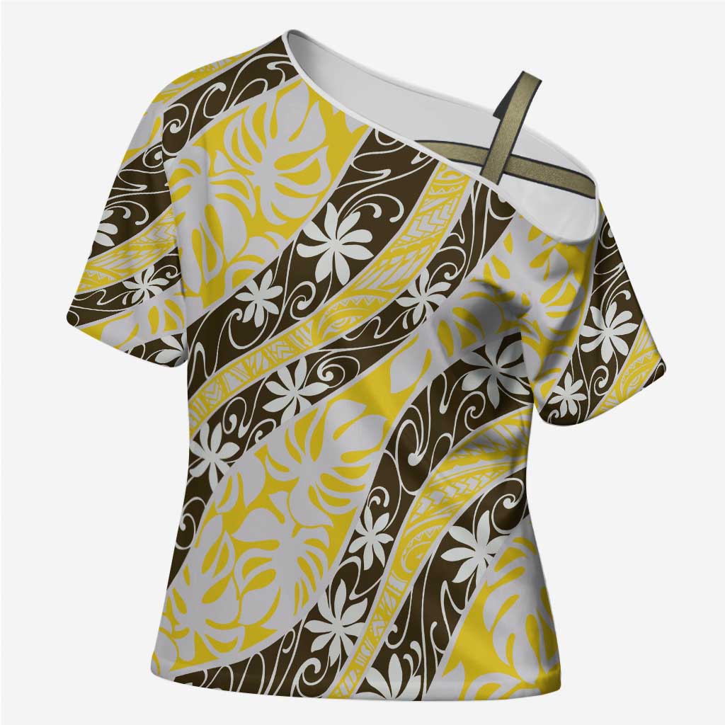Rearea Tahiti Tiare Monstera Cross Shoulder Shirt Polynesian Pattern Curve Style - Polynesian Pride