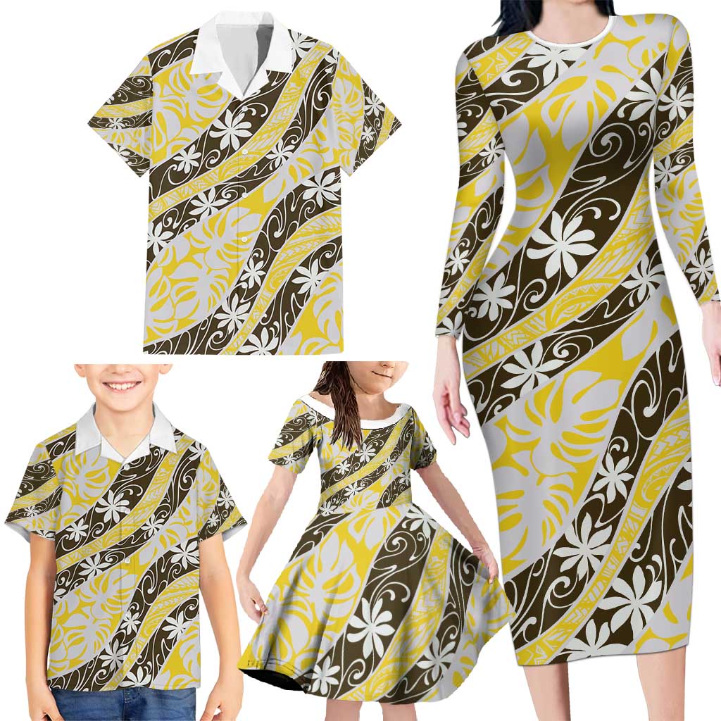 Rearea Tahiti Tiare Monstera Family Matching Long Sleeve Bodycon Dress and Hawaiian Shirt Polynesian Pattern Curve Style - Polynesian Pride