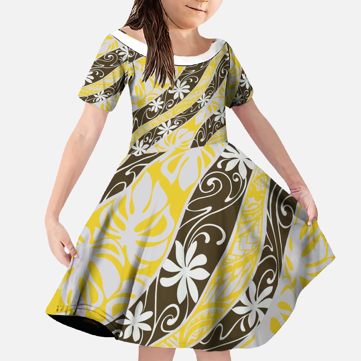 Rearea Tahiti Tiare Monstera Family Matching Off The Shoulder Long Sleeve Dress and Hawaiian Shirt Polynesian Pattern Curve Style - Polynesian Pride