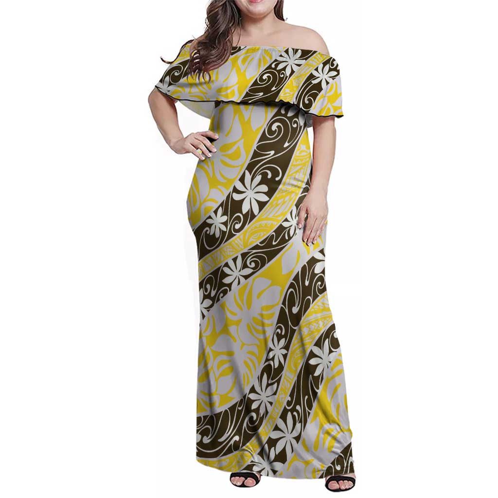 Rearea Tahiti Tiare Monstera Family Matching Off Shoulder Maxi Dress and Hawaiian Shirt Polynesian Pattern Curve Style - Polynesian Pride