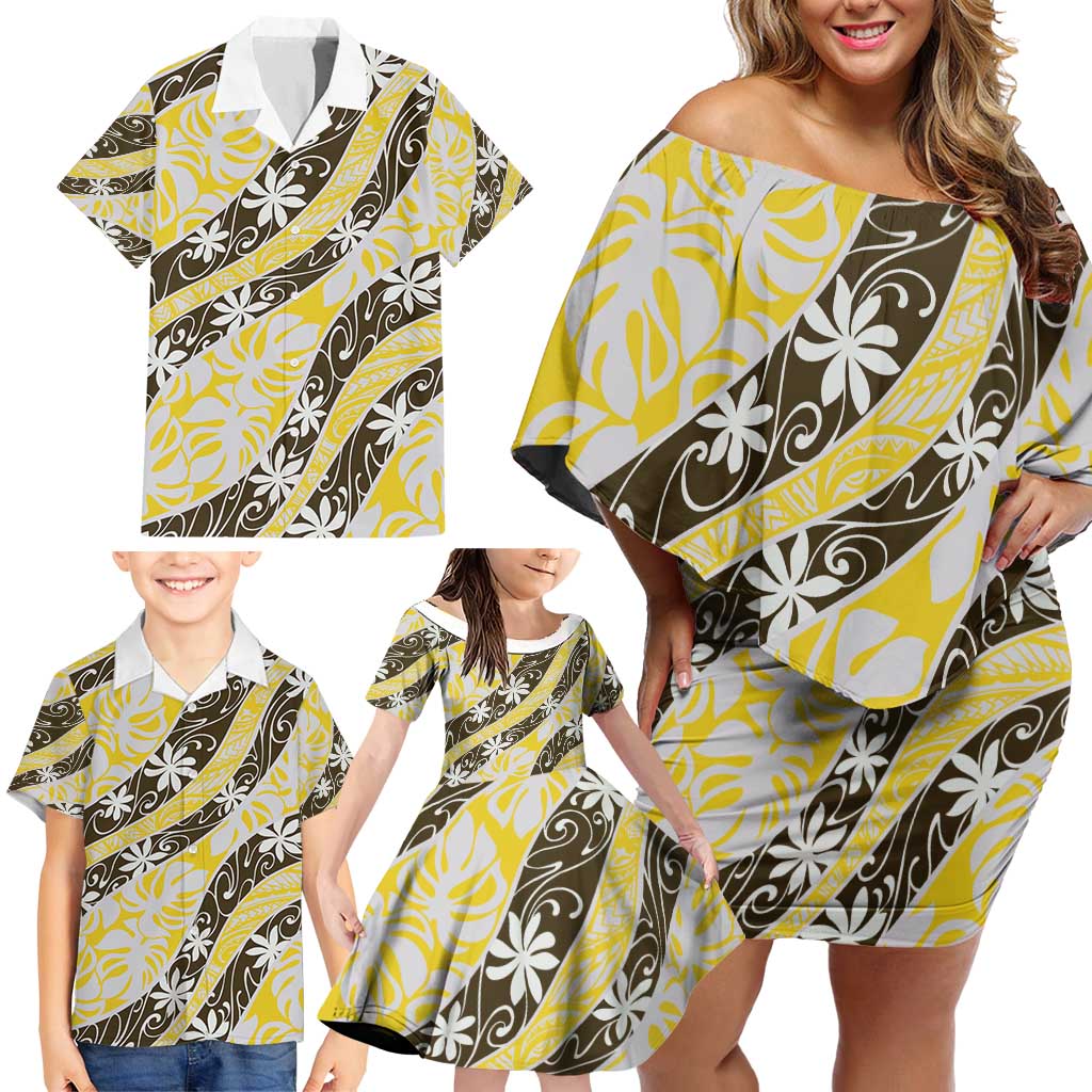 Rearea Tahiti Tiare Monstera Family Matching Off Shoulder Short Dress and Hawaiian Shirt Polynesian Pattern Curve Style - Polynesian Pride