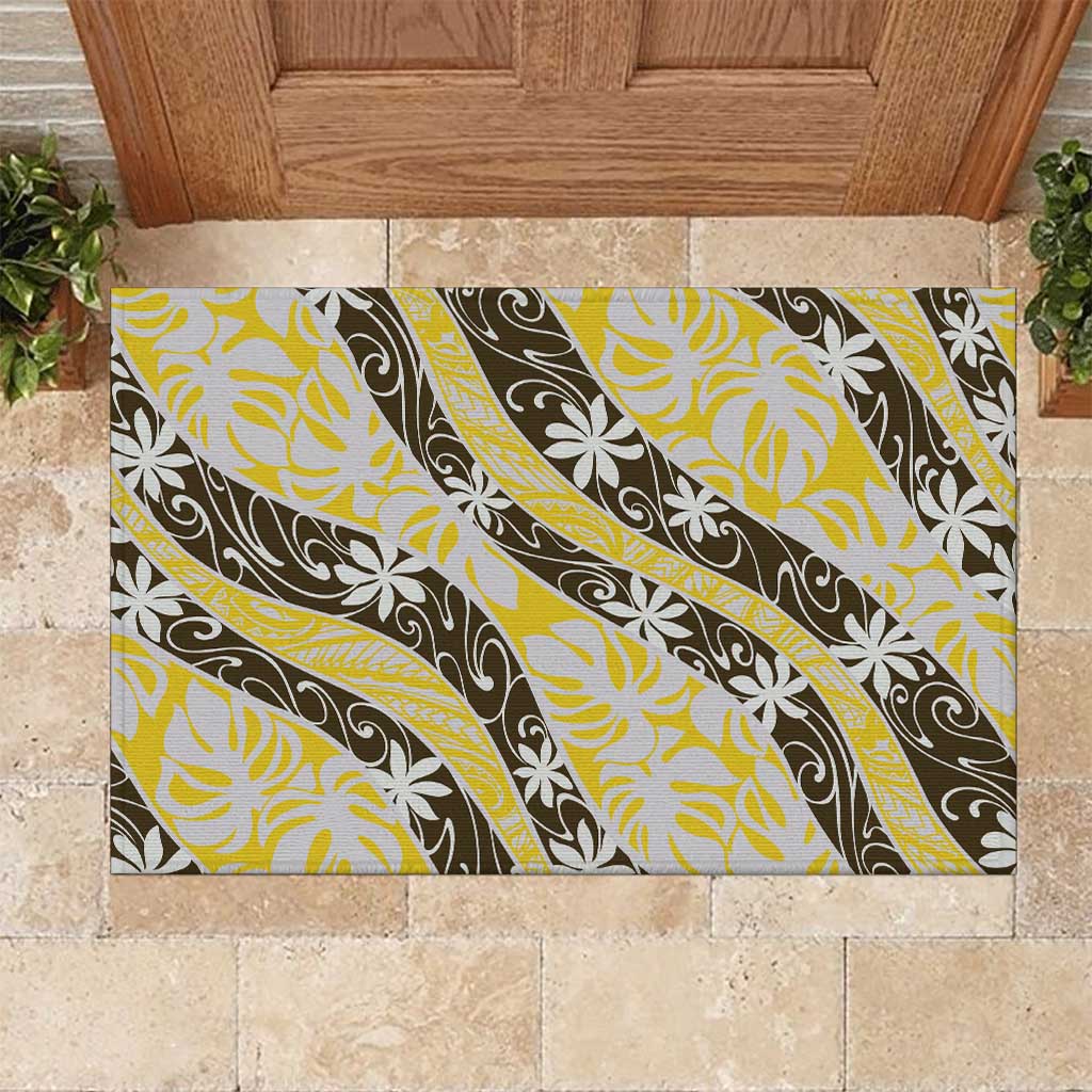 Rearea Tahiti Tiare Monstera Rubber Doormat Polynesian Pattern Curve Style - Polynesian Pride