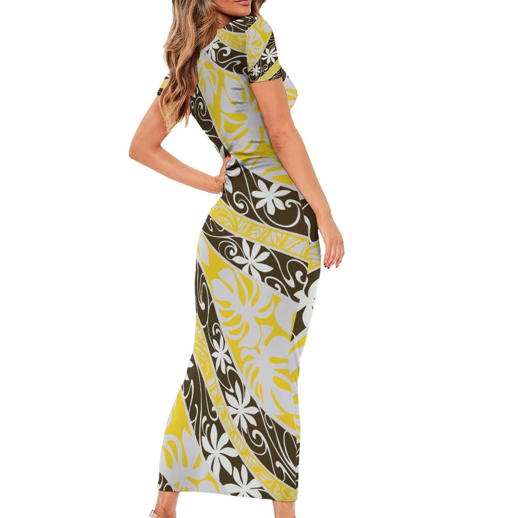 Rearea Tahiti Tiare Monstera Short Sleeve Bodycon Dress Polynesian Pattern Curve Style - Polynesian Pride