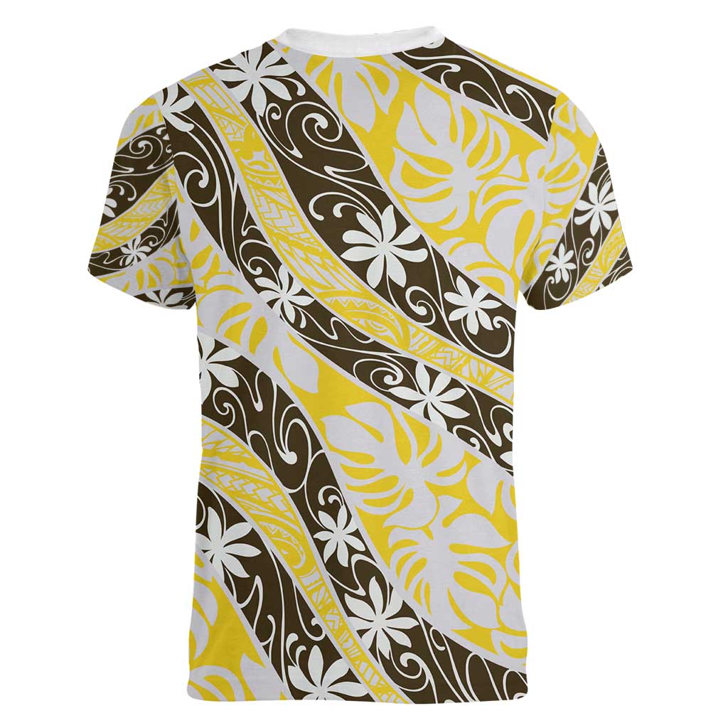 Rearea Tahiti Tiare Monstera Women V-Neck T-Shirt Polynesian Pattern Curve Style - Polynesian Pride