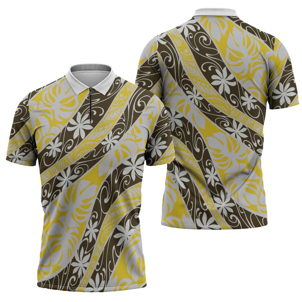 Rearea Tahiti Tiare Monstera Zipper Polo Shirt Polynesian Pattern Curve Style - Polynesian Pride