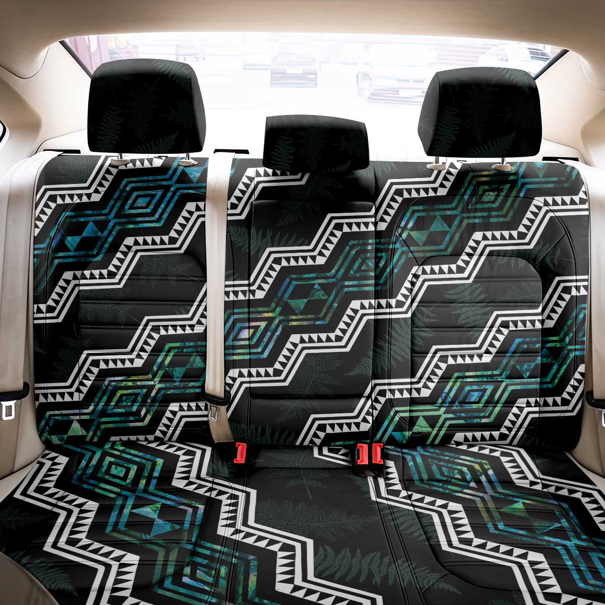 Personalised Taniko Aotearoa Mix Paua Shell Back Car Seat Cover Niho Taniwha Turquoise Glitter