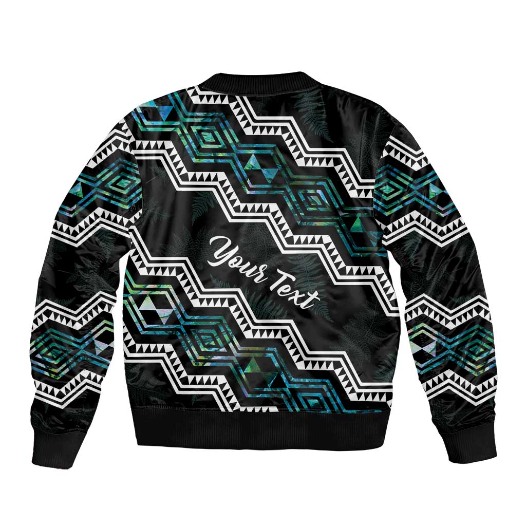 Personalised Taniko Aotearoa Mix Paua Shell Bomber Jacket Niho Taniwha Turquoise Glitter