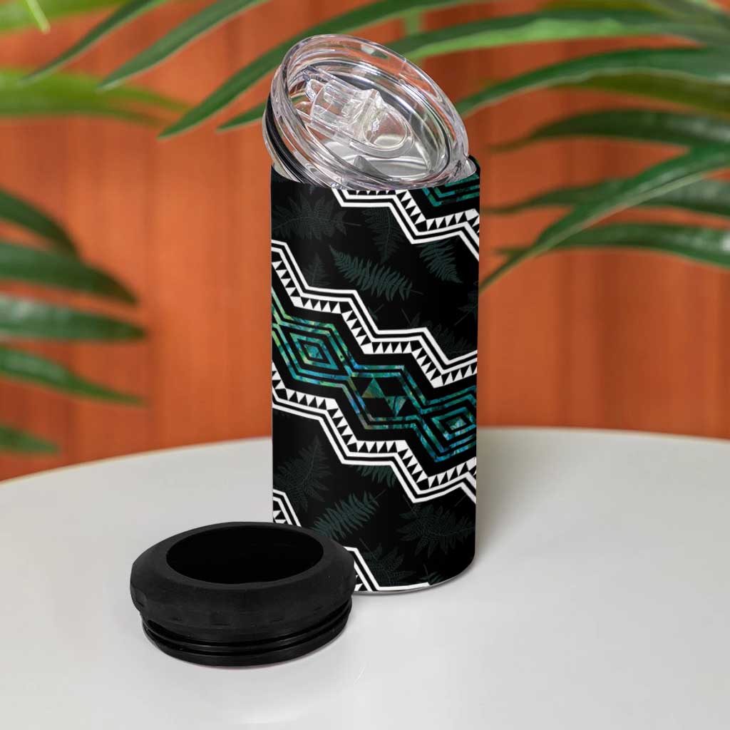 Personalised Taniko Aotearoa Mix Paua Shell 4 in 1 Can Cooler Tumbler Niho Taniwha Turquoise Glitter