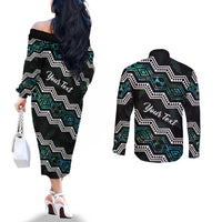 Personalised Taniko Aotearoa Mix Paua Shell Couples Matching Off The Shoulder Long Sleeve Dress and Long Sleeve Button Shirt Niho Taniwha Turquoise Glitter