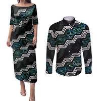 Personalised Taniko Aotearoa Mix Paua Shell Couples Matching Puletasi and Long Sleeve Button Shirt Niho Taniwha Turquoise Glitter