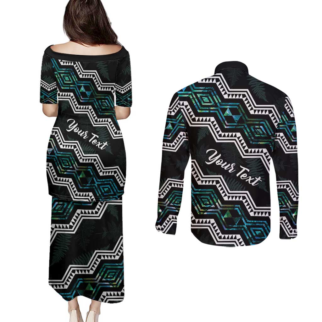 Personalised Taniko Aotearoa Mix Paua Shell Couples Matching Puletasi and Long Sleeve Button Shirt Niho Taniwha Turquoise Glitter