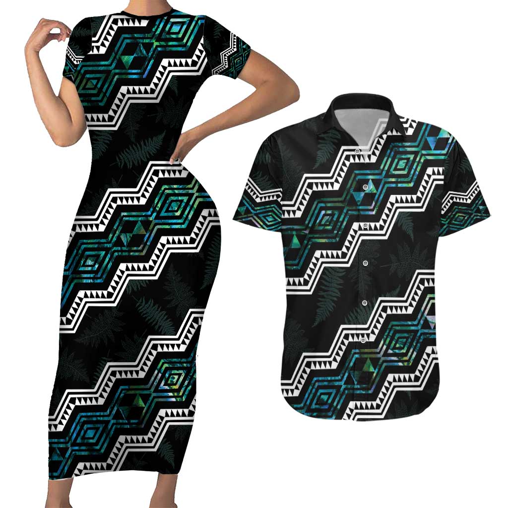 Personalised Taniko Aotearoa Mix Paua Shell Couples Matching Short Sleeve Bodycon Dress and Hawaiian Shirt Niho Taniwha Turquoise Glitter