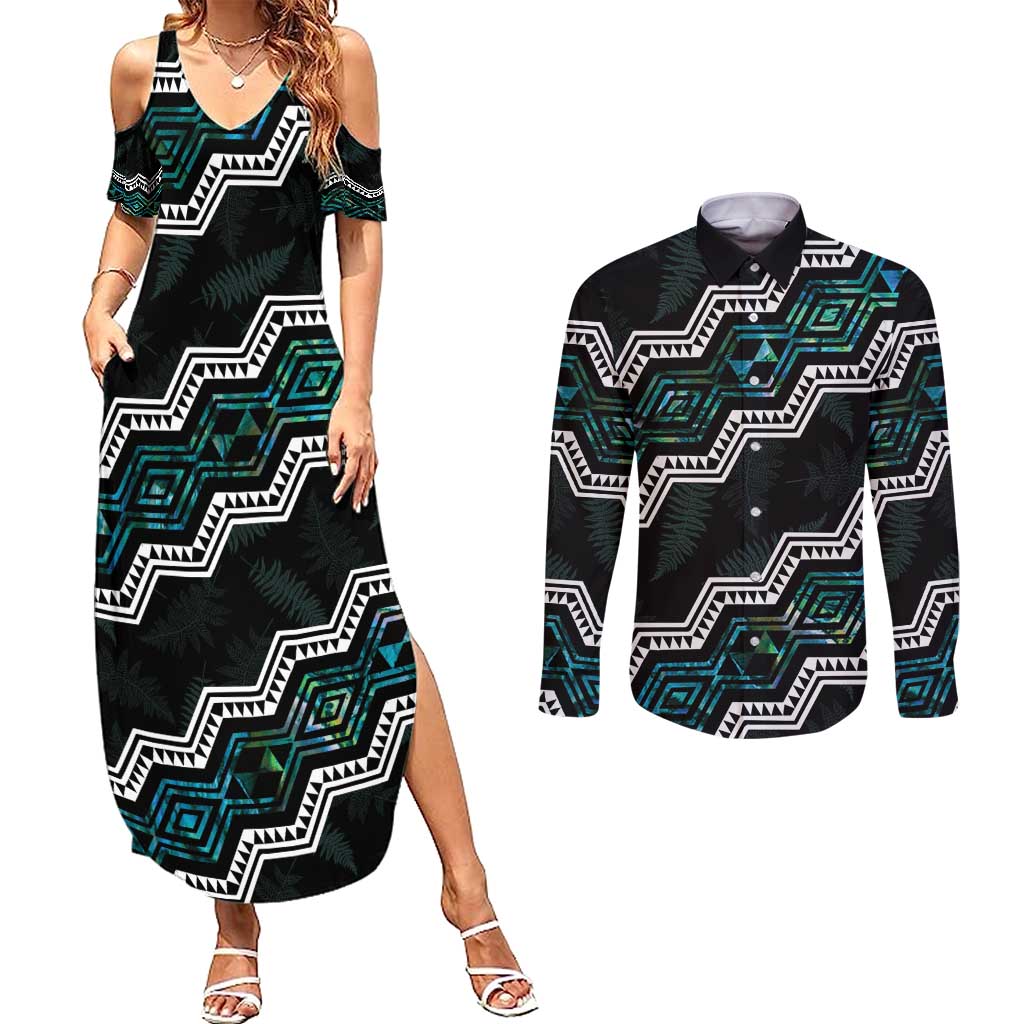 Personalised Taniko Aotearoa Mix Paua Shell Couples Matching Summer Maxi Dress and Long Sleeve Button Shirt Niho Taniwha Turquoise Glitter LT01 Turquoise - Polynesian Pride