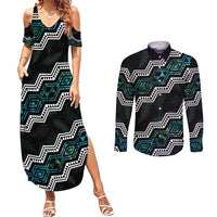 Personalised Taniko Aotearoa Mix Paua Shell Couples Matching Summer Maxi Dress and Long Sleeve Button Shirt Niho Taniwha Turquoise Glitter LT01 Turquoise - Polynesian Pride