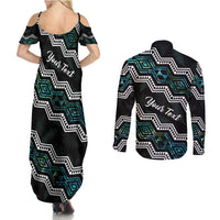Personalised Taniko Aotearoa Mix Paua Shell Couples Matching Summer Maxi Dress and Long Sleeve Button Shirt Niho Taniwha Turquoise Glitter LT01 - Polynesian Pride