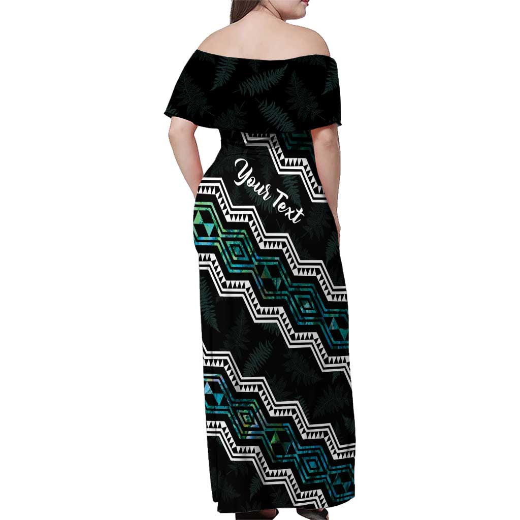 Personalised Taniko Aotearoa Mix Paua Shell Family Matching Off Shoulder Maxi Dress and Hawaiian Shirt Niho Taniwha Turquoise Glitter