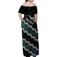 Personalised Taniko Aotearoa Mix Paua Shell Family Matching Off Shoulder Maxi Dress and Hawaiian Shirt Niho Taniwha Turquoise Glitter