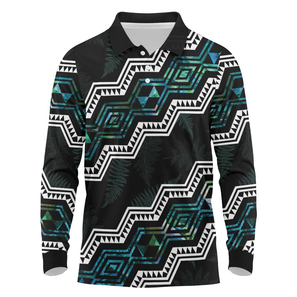 Personalised Taniko Aotearoa Mix Paua Shell Long Sleeve Polo Shirt Niho Taniwha Turquoise Glitter LT01 Turquoise - Polynesian Pride
