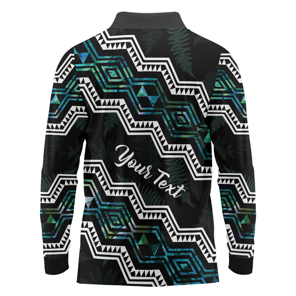 Personalised Taniko Aotearoa Mix Paua Shell Long Sleeve Polo Shirt Niho Taniwha Turquoise Glitter LT01 - Polynesian Pride