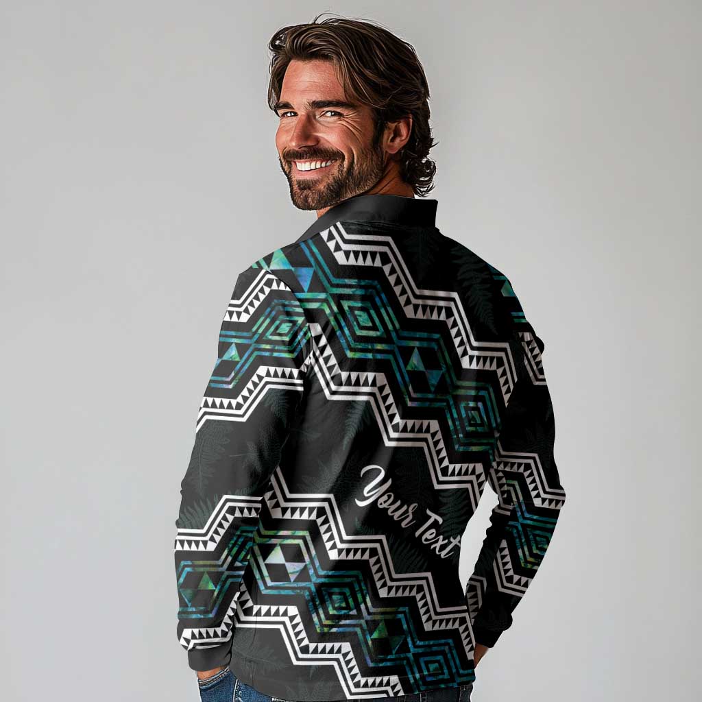 Personalised Taniko Aotearoa Mix Paua Shell Long Sleeve Polo Shirt Niho Taniwha Turquoise Glitter LT01 - Polynesian Pride