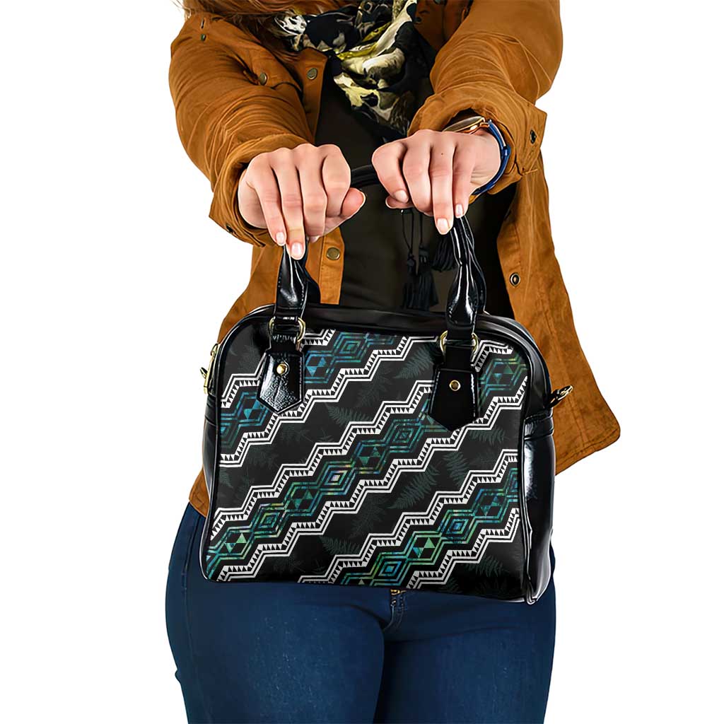 Personalised Taniko Aotearoa Mix Paua Shell Shoulder Handbag Niho Taniwha Turquoise Glitter