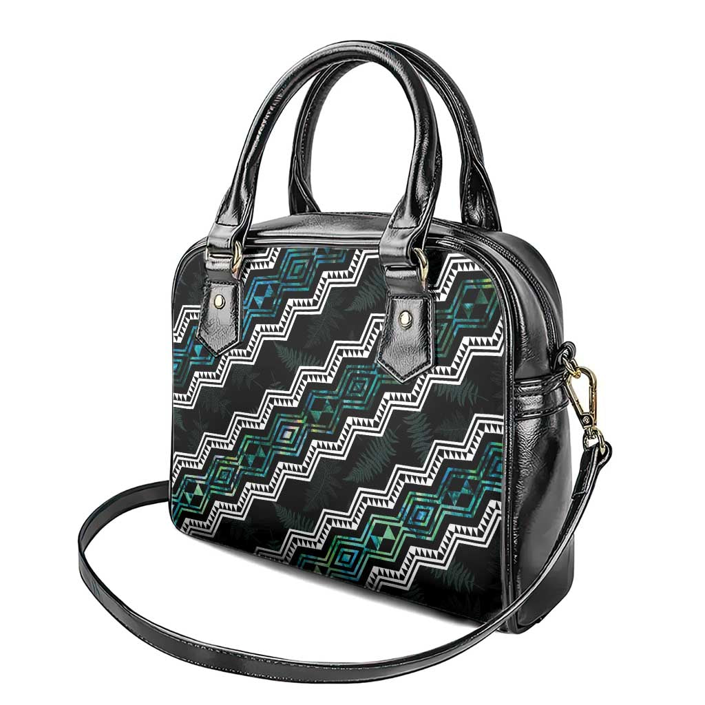 Personalised Taniko Aotearoa Mix Paua Shell Shoulder Handbag Niho Taniwha Turquoise Glitter