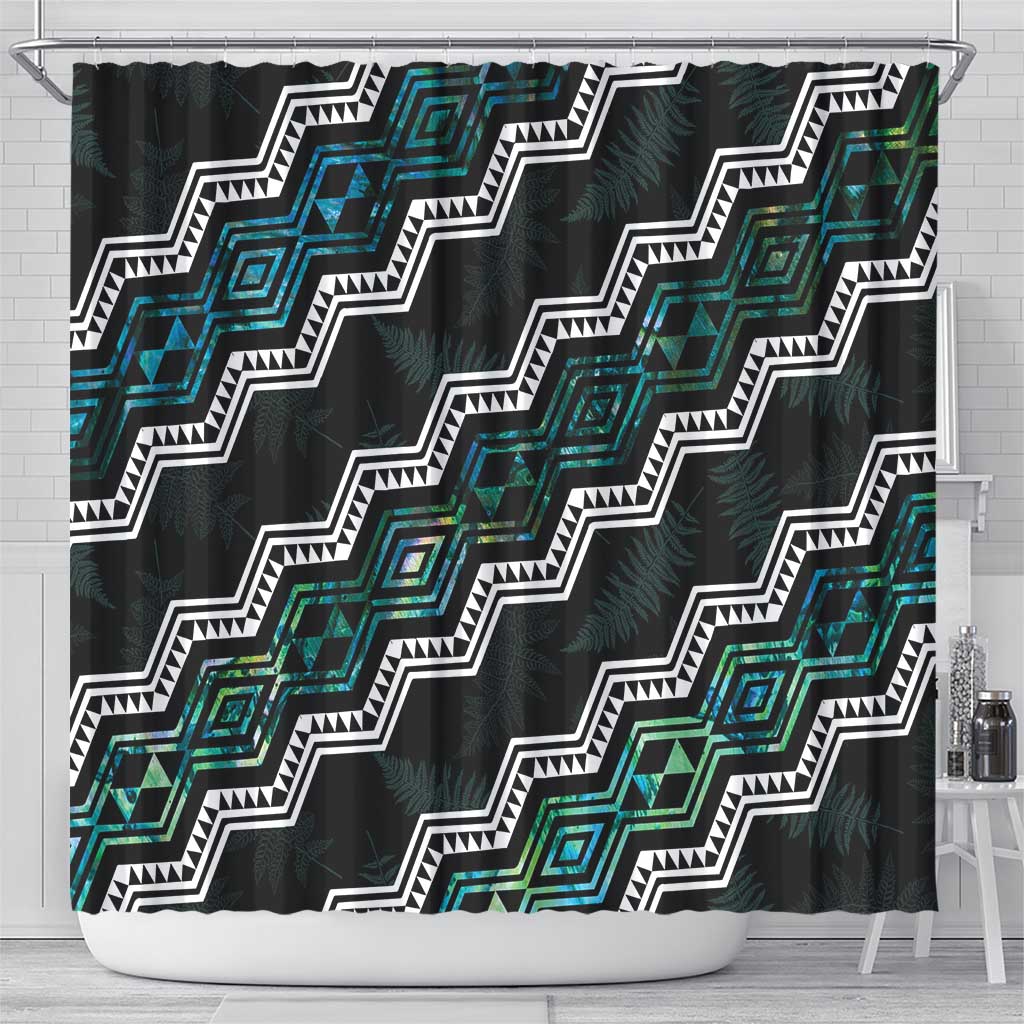 Personalised Taniko Aotearoa Mix Paua Shell Shower Curtain Niho Taniwha Turquoise Glitter