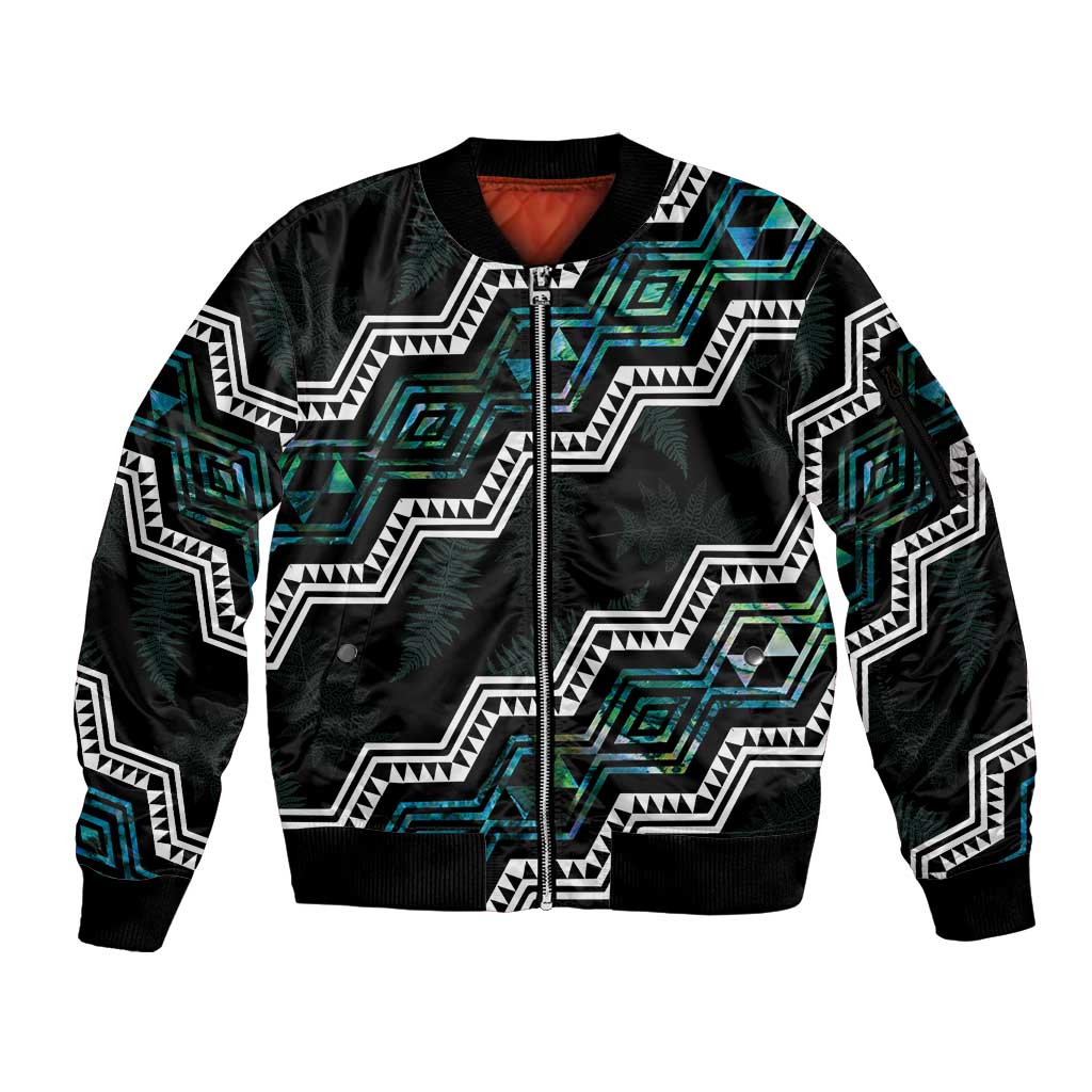 Personalised Taniko Aotearoa Mix Paua Shell Sleeve Zip Bomber Jacket Niho Taniwha Turquoise Glitter