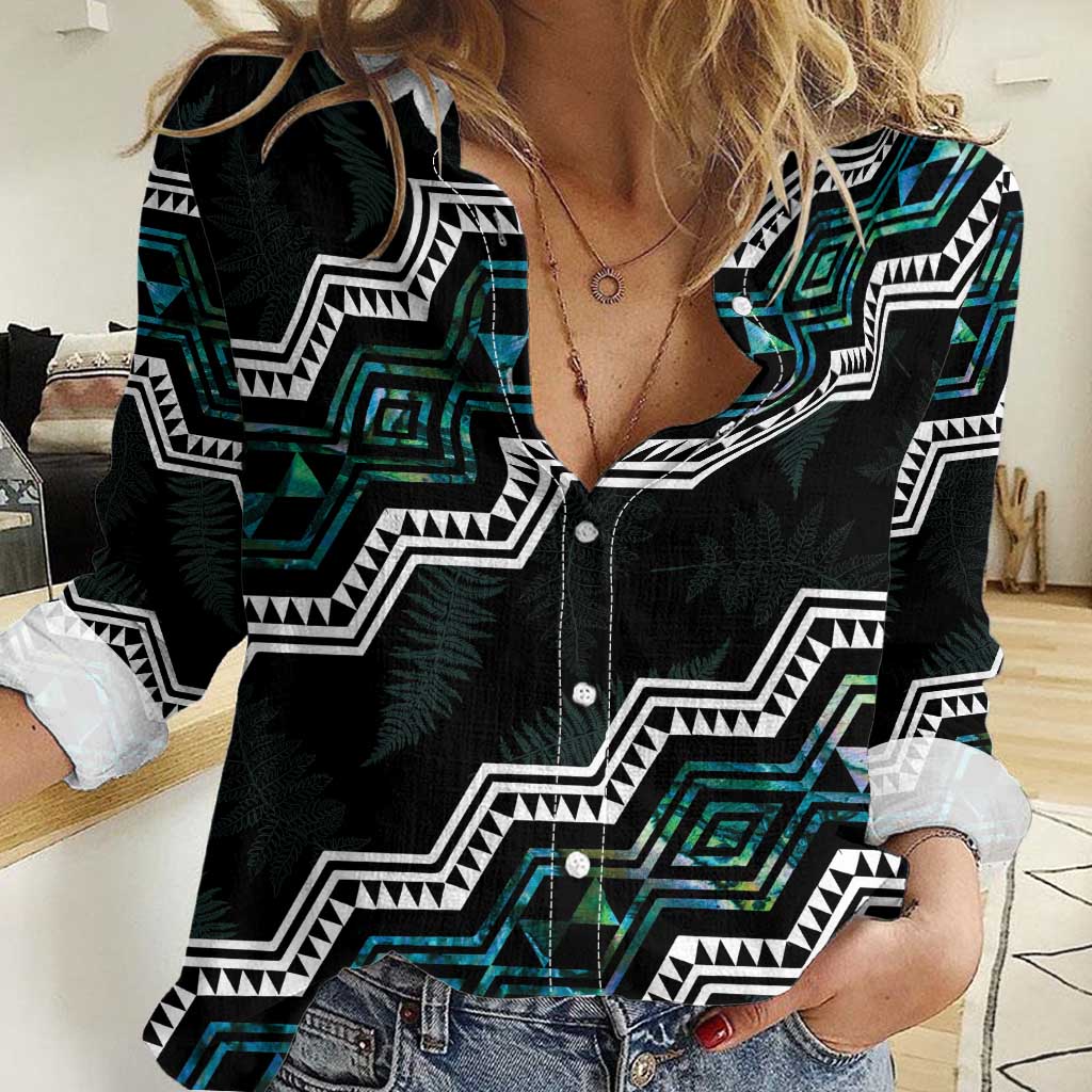 Personalised Taniko Aotearoa Mix Paua Shell Women Casual Shirt Niho Taniwha Turquoise Glitter
