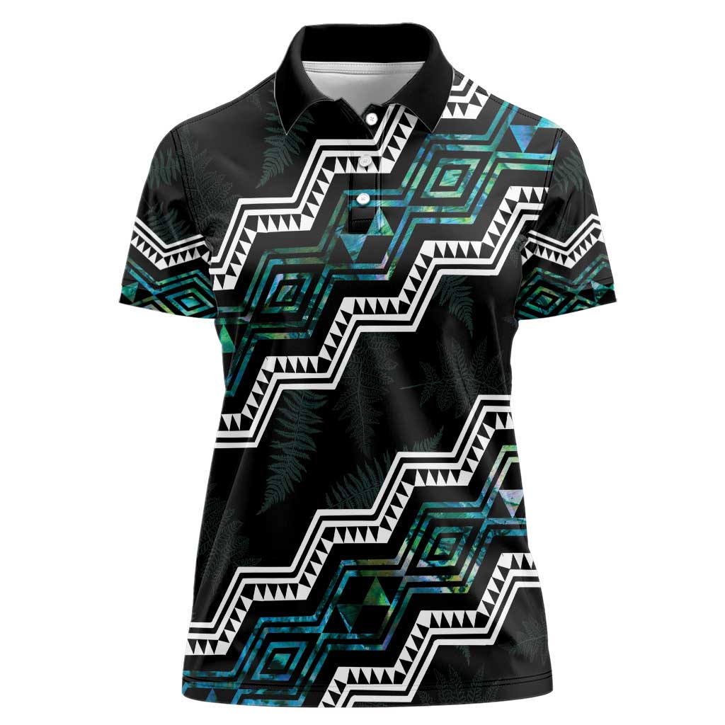 Personalised Taniko Aotearoa Mix Paua Shell Women Polo Shirt Niho Taniwha Turquoise Glitter