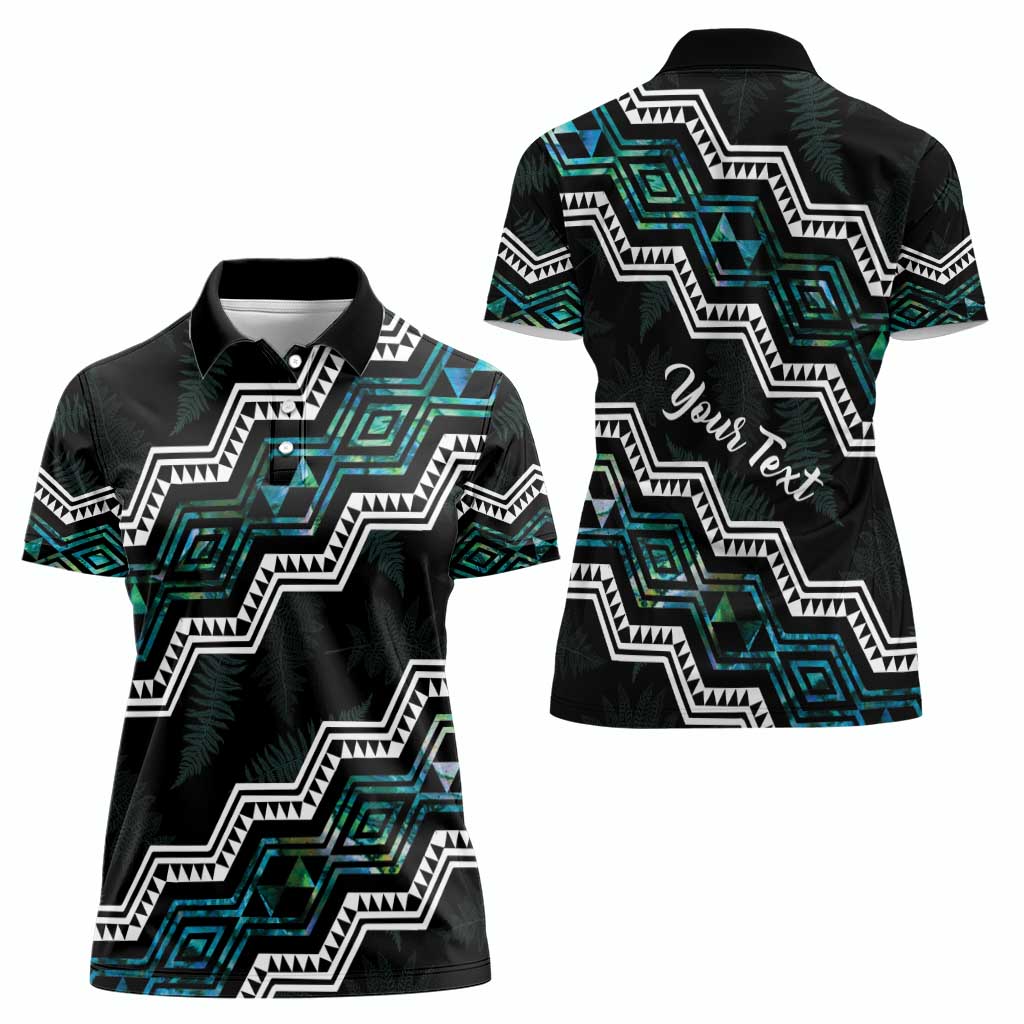 Personalised Taniko Aotearoa Mix Paua Shell Women Polo Shirt Niho Taniwha Turquoise Glitter