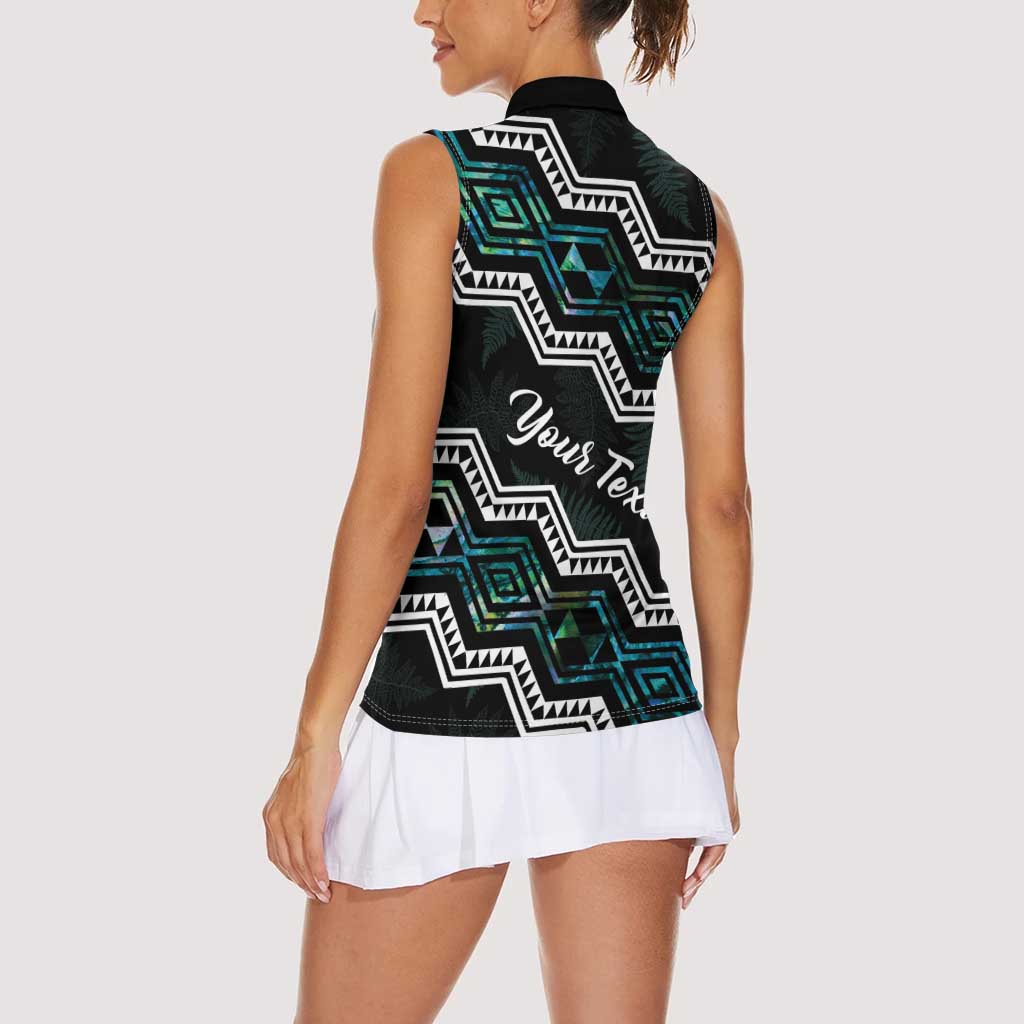 Personalised Taniko Aotearoa Mix Paua Shell Women Sleeveless Polo Shirt Niho Taniwha Turquoise Glitter