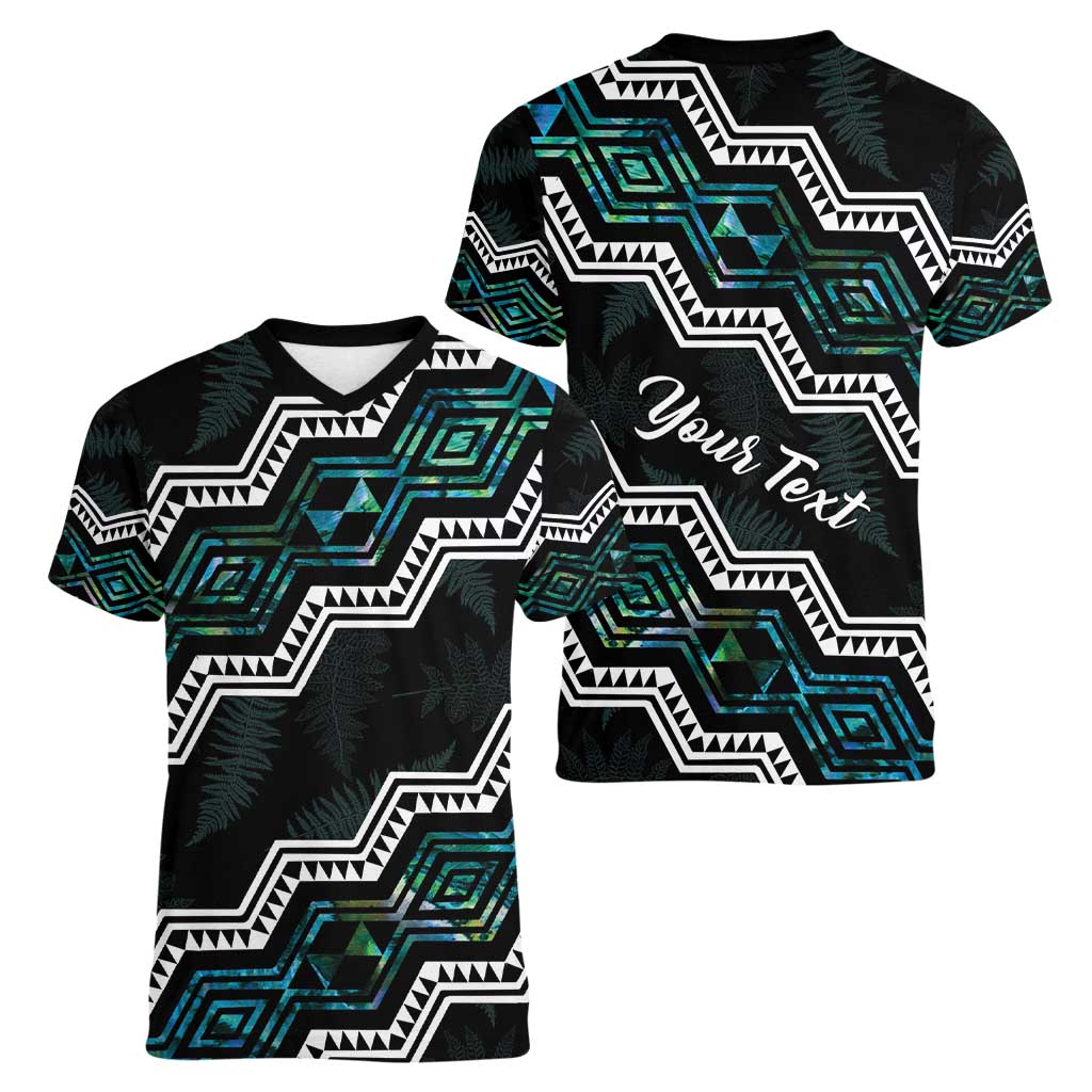 Personalised Taniko Aotearoa Mix Paua Shell Women V-Neck T-Shirt Niho Taniwha Turquoise Glitter
