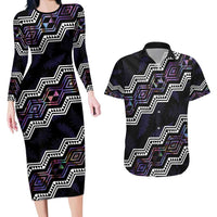 Personalised Taniko Aotearoa Mix Paua Shell Couples Matching Long Sleeve Bodycon Dress and Hawaiian Shirt Niho Taniwha Lilac Glitter