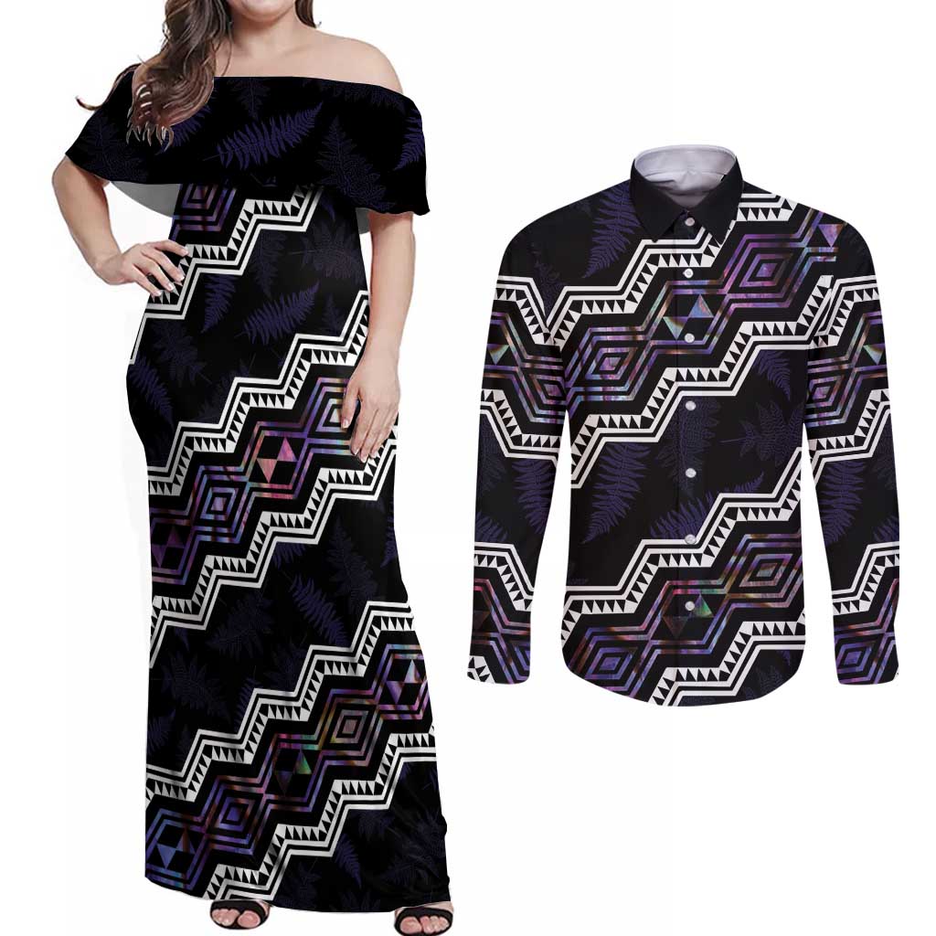 Personalised Taniko Aotearoa Mix Paua Shell Couples Matching Off Shoulder Maxi Dress and Long Sleeve Button Shirt Niho Taniwha Lilac Glitter