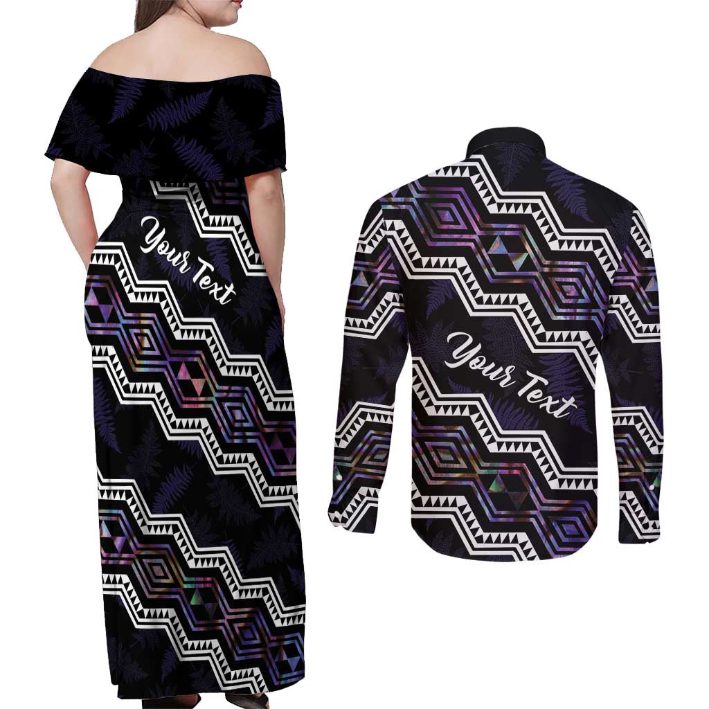 Personalised Taniko Aotearoa Mix Paua Shell Couples Matching Off Shoulder Maxi Dress and Long Sleeve Button Shirt Niho Taniwha Lilac Glitter
