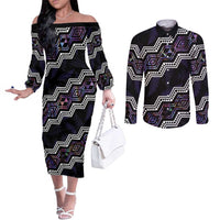 Personalised Taniko Aotearoa Mix Paua Shell Couples Matching Off The Shoulder Long Sleeve Dress and Long Sleeve Button Shirt Niho Taniwha Lilac Glitter