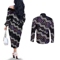 Personalised Taniko Aotearoa Mix Paua Shell Couples Matching Off The Shoulder Long Sleeve Dress and Long Sleeve Button Shirt Niho Taniwha Lilac Glitter