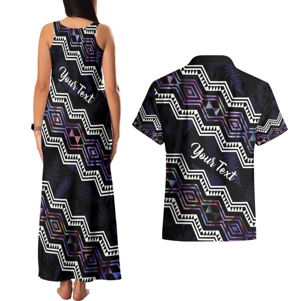 Personalised Taniko Aotearoa Mix Paua Shell Couples Matching Tank Maxi Dress and Hawaiian Shirt Niho Taniwha Lilac Glitter