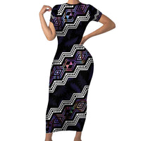 Personalised Taniko Aotearoa Mix Paua Shell Family Matching Short Sleeve Bodycon Dress and Hawaiian Shirt Niho Taniwha Lilac Glitter