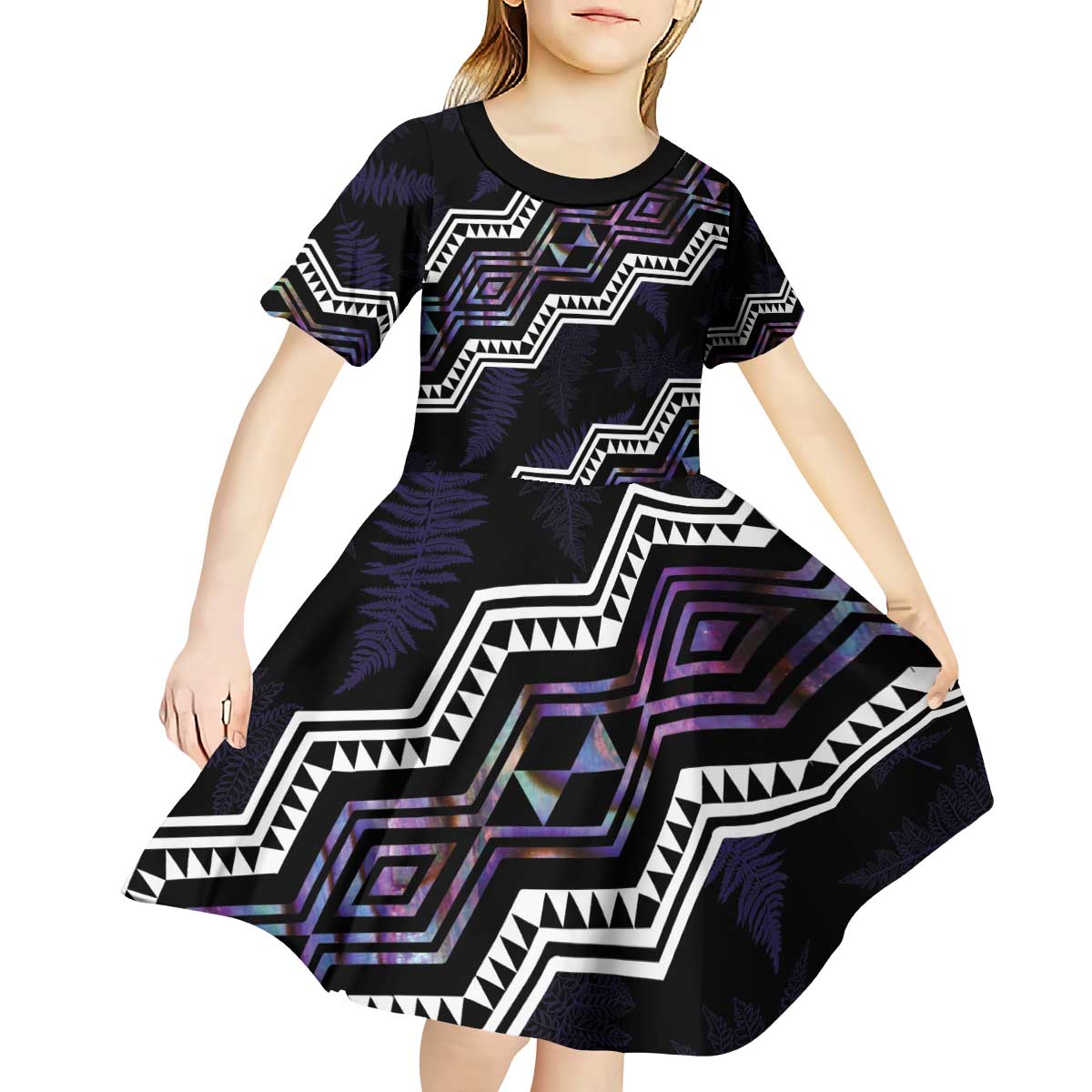 Personalised Taniko Aotearoa Mix Paua Shell Kid Short Sleeve Dress Niho Taniwha Lilac Glitter
