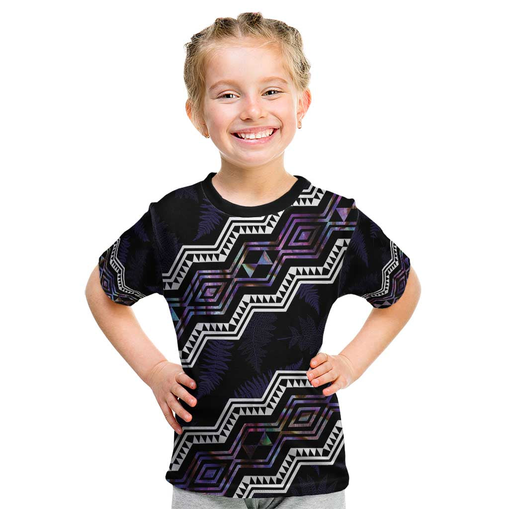 Personalised Taniko Aotearoa Mix Paua Shell Kid T Shirt Niho Taniwha Lilac Glitter